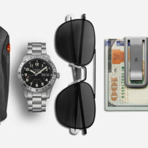 Seiko 5 Sports watch anchors this black and steel carry with Carter knife and Aviator sunglasses.